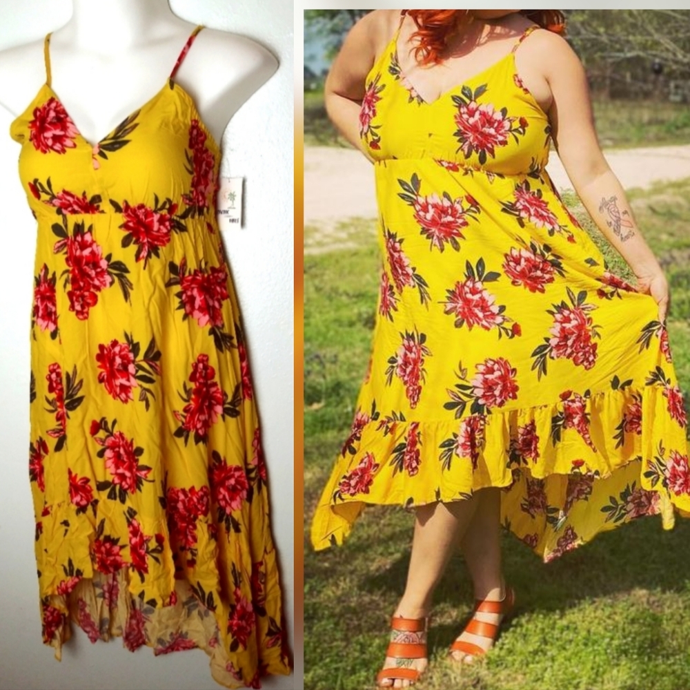Pacific Vibes L Hi-Low Hem Smocked Maxi Dress Ajustable Strap Floral
